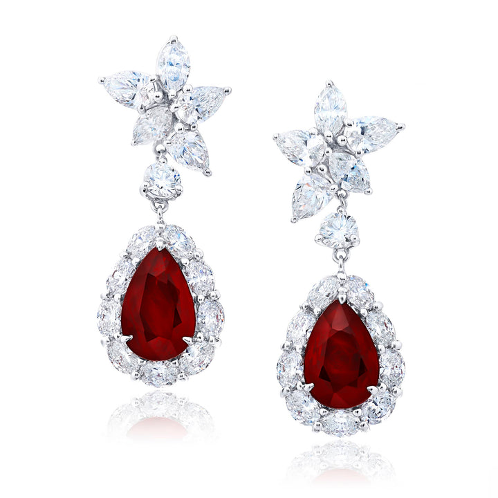 Platinum Pear-Shaped Ruby Certfied Floral Drop Earrings