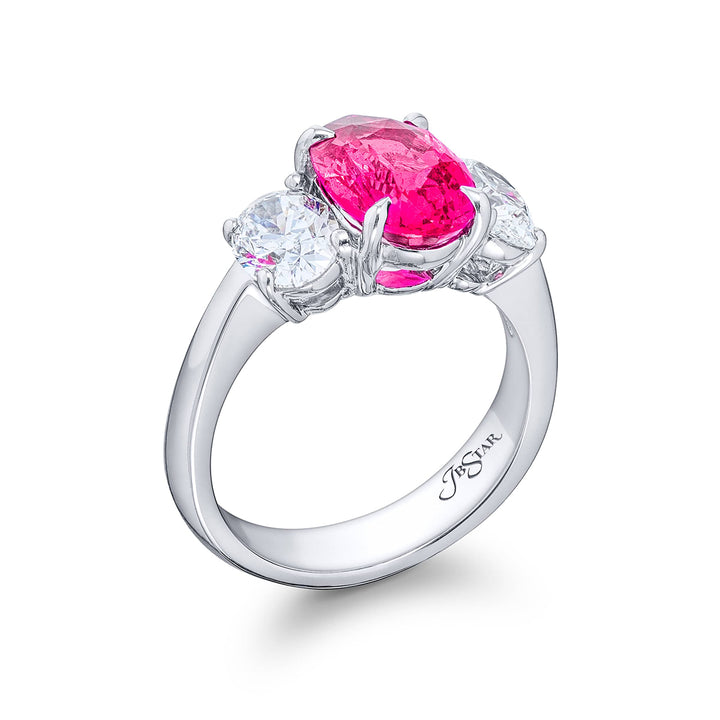 Breathtaking Radiance: Our exquisite 3.01 ct. certified Pink Sapphire Ring. This beautiful oval pink sapphire flanked by oval diamonds is handcrafted in pure platinum.