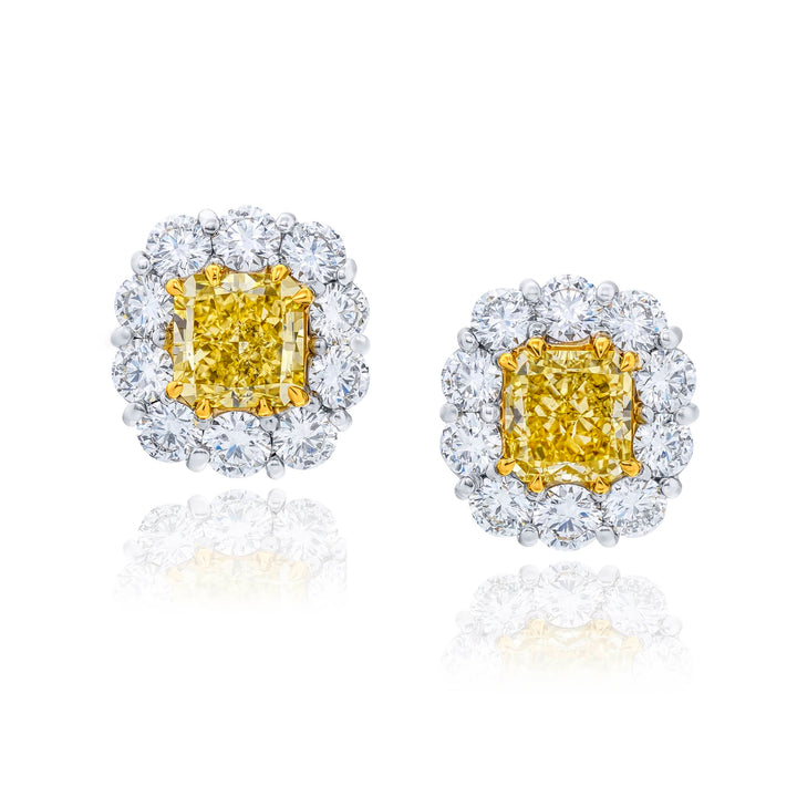 Platinum and 18K Yellow Gold Radiant-Cut Fancy Yellow Diamond Certified Stud Earrings