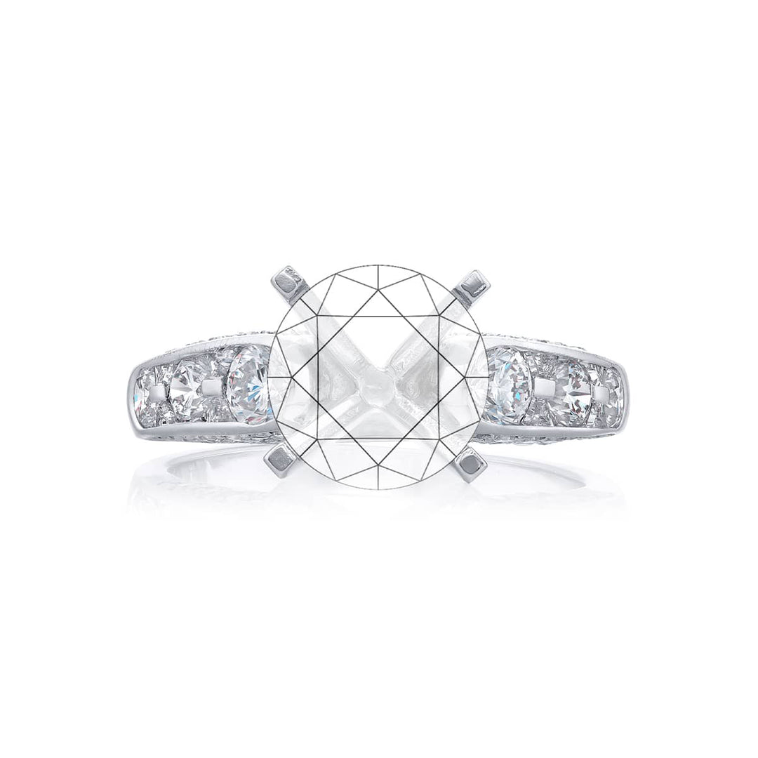 Dazzling Brilliance: Our timeless Diamond Semi-mount. These six stunning round diamonds embraced by round and micro pave diamonds are handcrafted in pure platinum.
