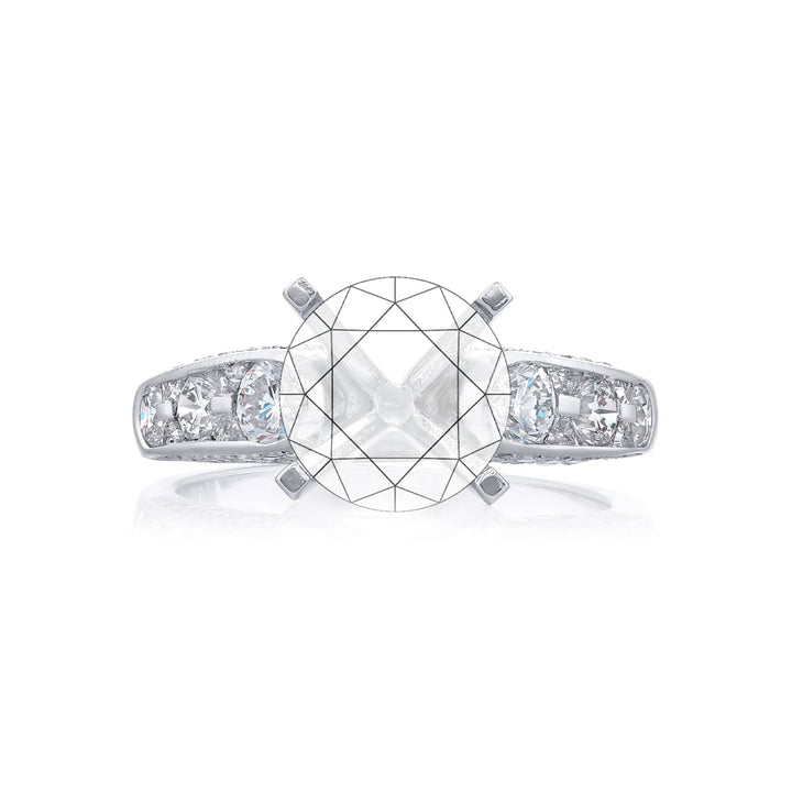Dazzling Brilliance: Our timeless Diamond Semi-mount. These six stunning round diamonds embraced by round and micro pave diamonds are handcrafted in pure platinum.