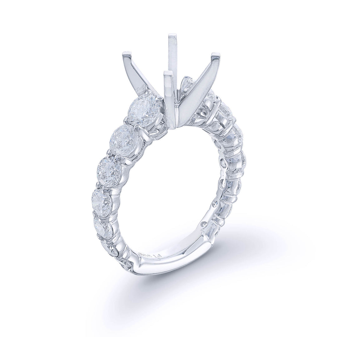 Gorgeous diamond semi-mount featuring 14 graduating round diamonds in a shared prong setting. Handcrafted in pure platinum.
