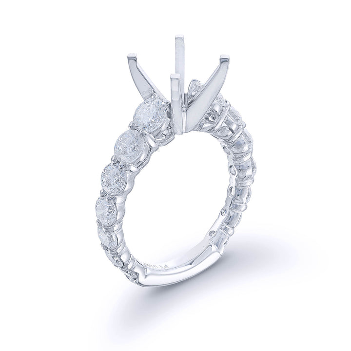 Gorgeous diamond semi-mount featuring 14 graduating round diamonds in a shared prong setting. Handcrafted in pure platinum.