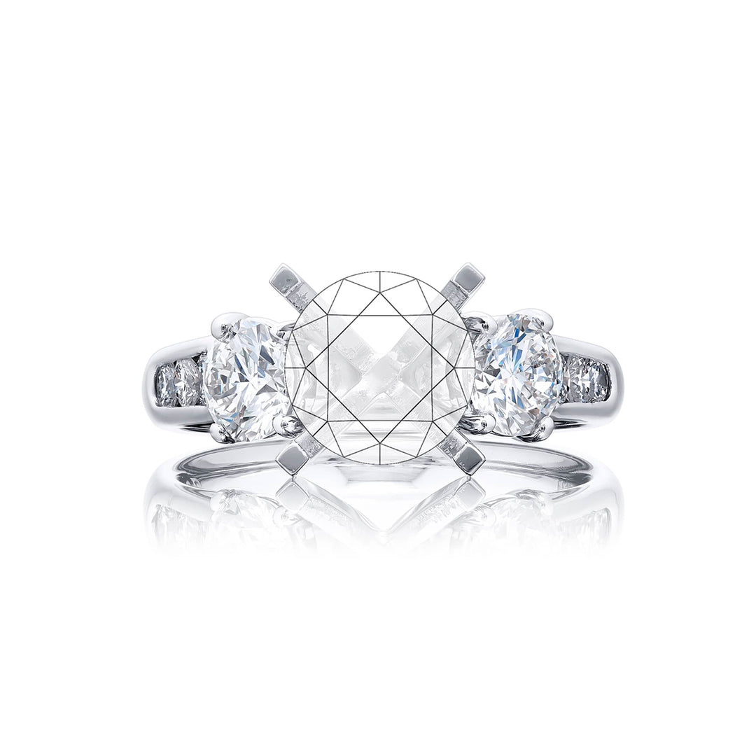 Dazzling Brilliance: Our timeless diamond semi-mount. These round-cut diamonds are accompanied by round diamonds set in a channel and are meticulously handcrafted in pure platinum.