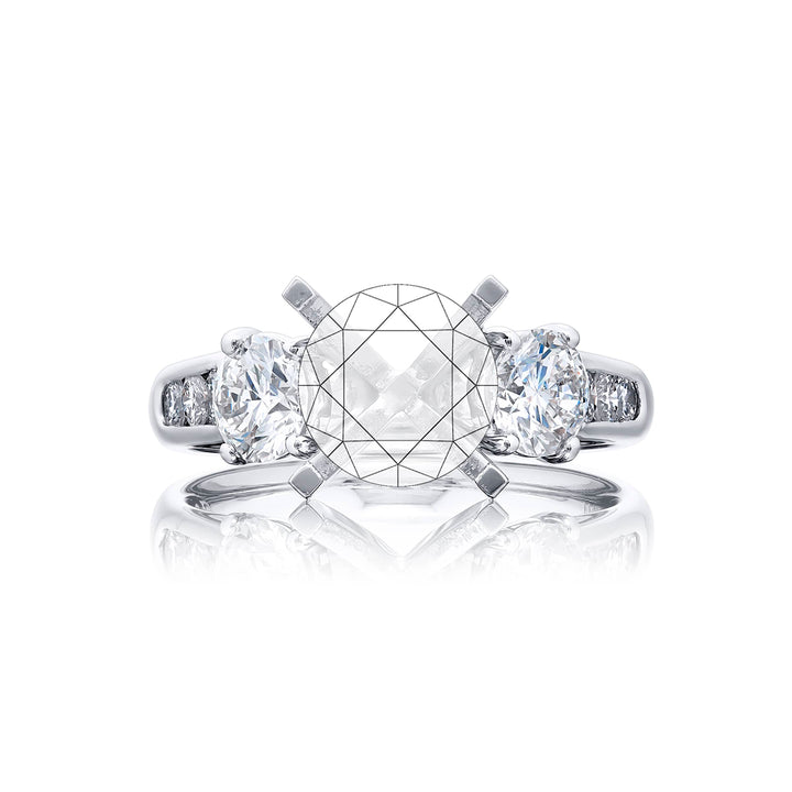 Dazzling Brilliance: Our timeless diamond semi-mount. These round-cut diamonds are accompanied by round diamonds set in a channel and are meticulously handcrafted in pure platinum.
