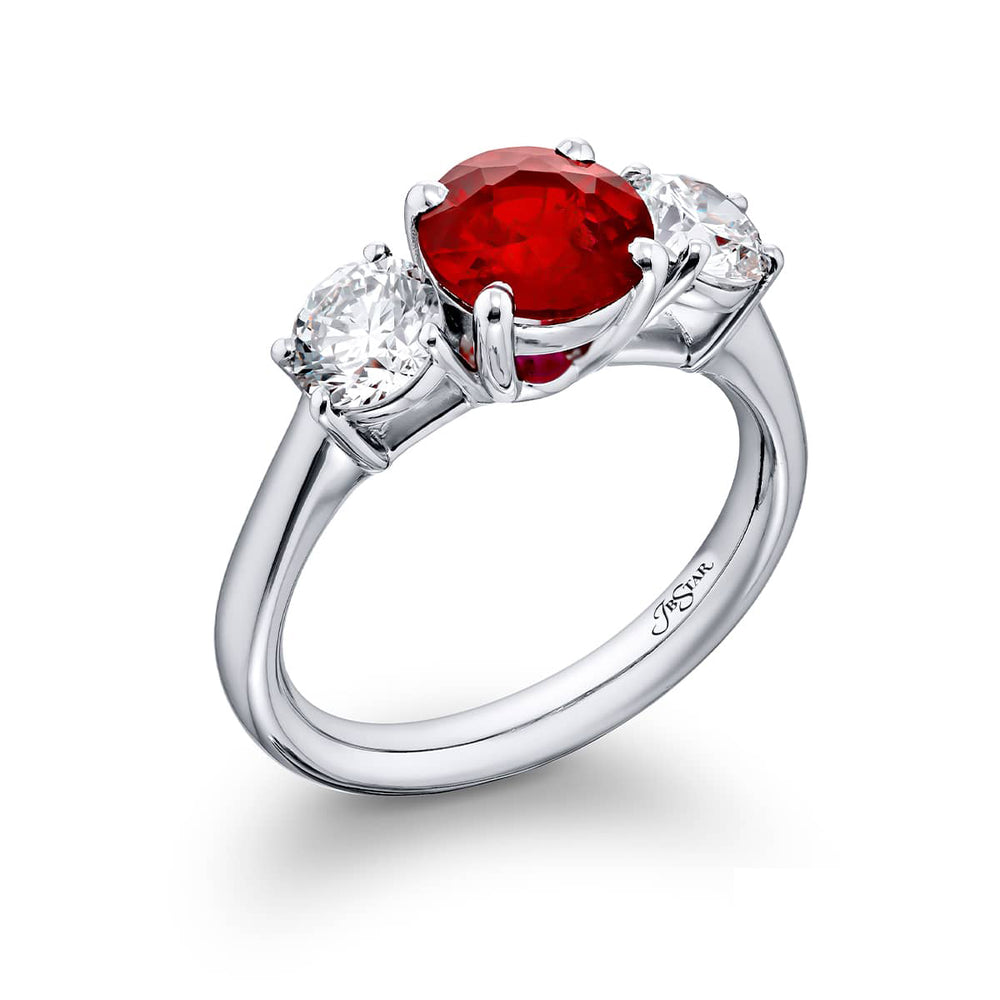 Breathtaking Radiance: Our beautiful 2.00 ct. certified Burmese Ruby Ring. This beautiful round vivid ruby flanked by round diamonds is handcrafted in pure platinum.