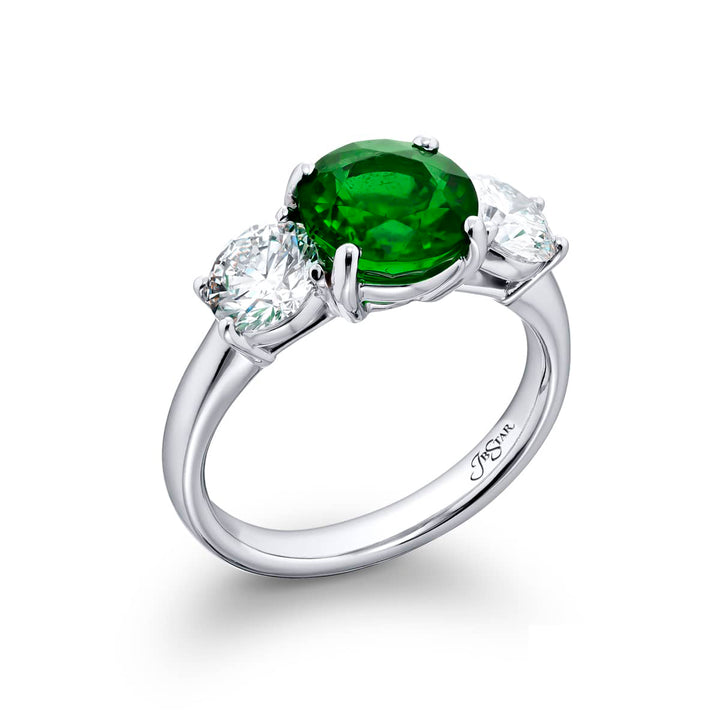 Breathtaking Radiance: Our stunning 2.01 ct. certified Vivid Emerald Ring. This beautiful round vivid emerald flanked by round diamonds is handcrafted in pure platinum.