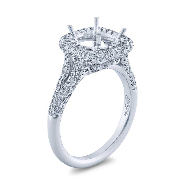 Beautiful diamond semi-mount featuring round diamonds in a halo micro pave setting. Handcrafted in pure platinum.