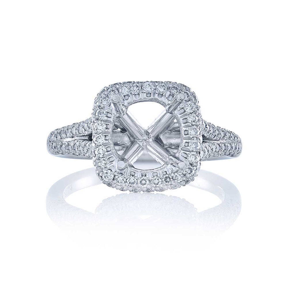 Beautiful diamond semi-mount featuring round diamonds in a halo micro pave setting. Handcrafted in pure platinum.