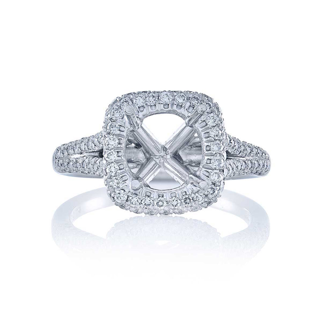 Beautiful diamond semi-mount featuring round diamonds in a halo micro pave setting. Handcrafted in pure platinum.