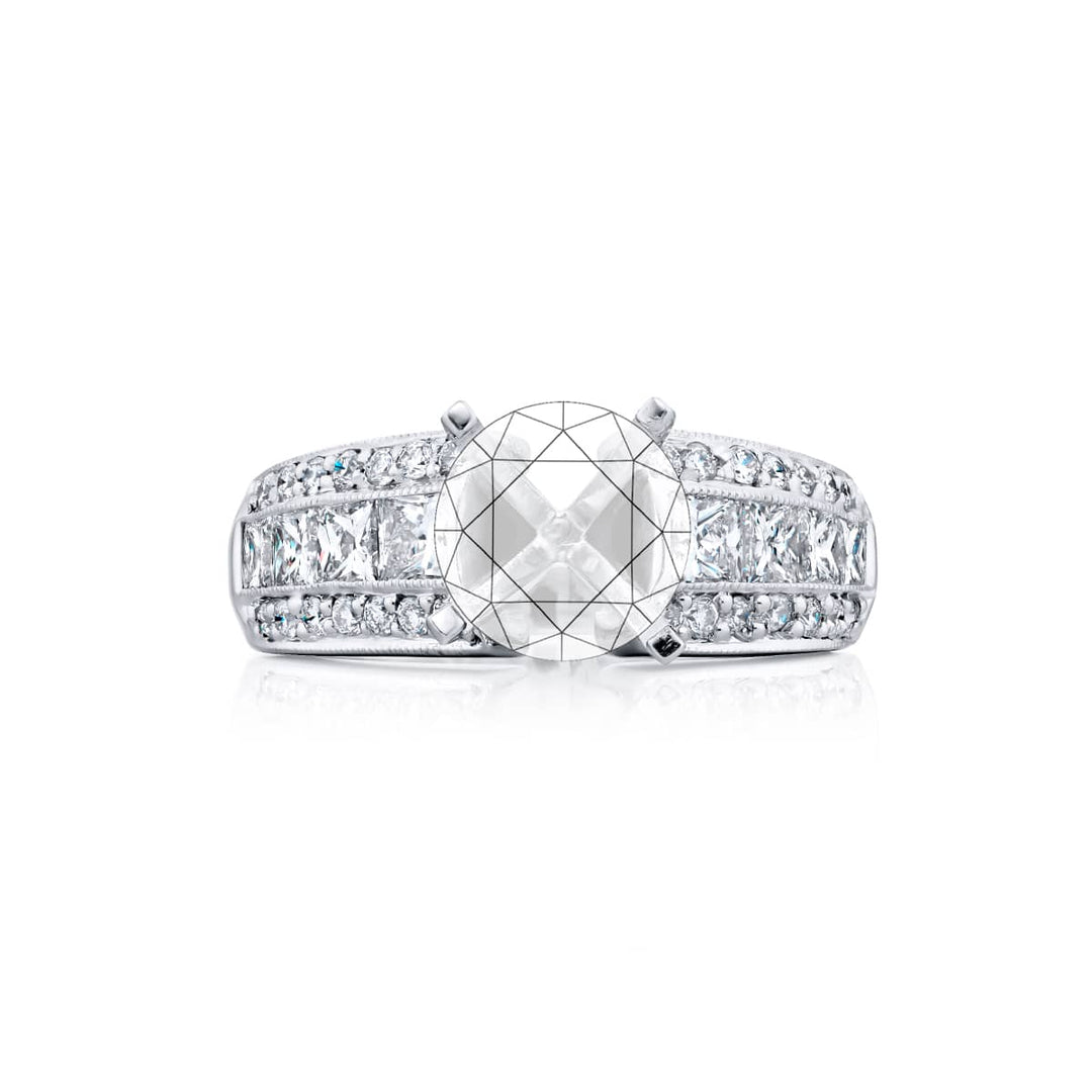 Dazzling Brilliance: Our timeless Three-Row Channel Diamond Semi-mount. These eight stunning princess-cut diamonds embraced by dazzling round diamonds are handcrafted in pure platinum.