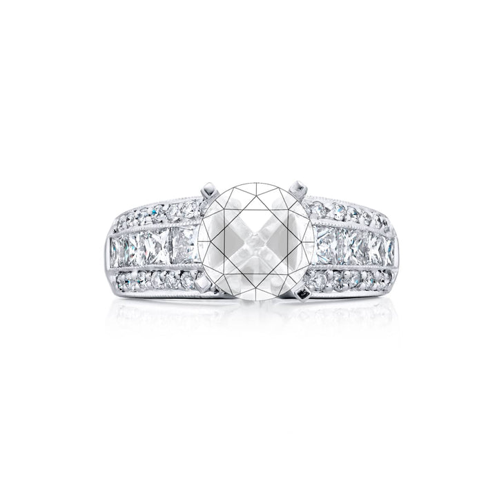 Dazzling Brilliance: Our timeless Three-Row Channel Diamond Semi-mount. These eight stunning princess-cut diamonds embraced by dazzling round diamonds are handcrafted in pure platinum.