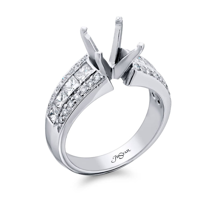 Dazzling Brilliance: Our timeless Three-Row Channel Diamond Semi-mount. These eight stunning princess-cut diamonds embraced by dazzling round diamonds are handcrafted in pure platinum.