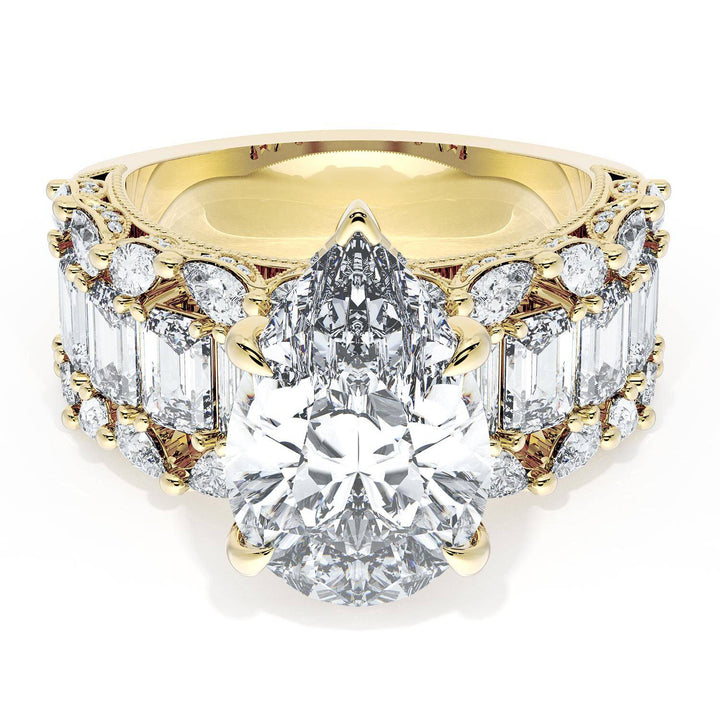 Pear Solitaire Engagement Ring w/ Emerald & Pear Band
