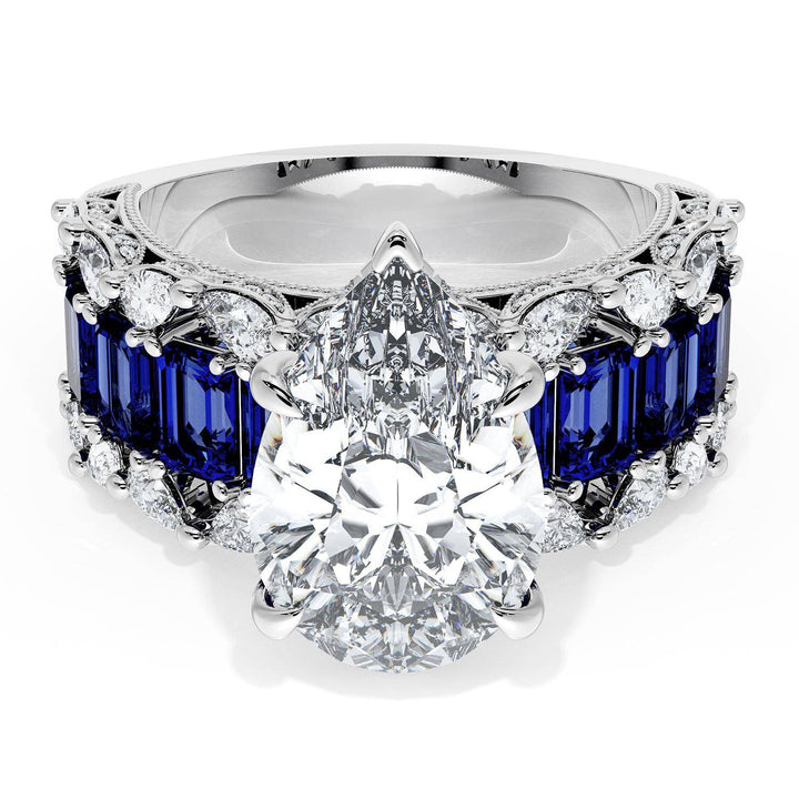 Pear Solitaire Engagement Ring w/ Emerald & Pear Band