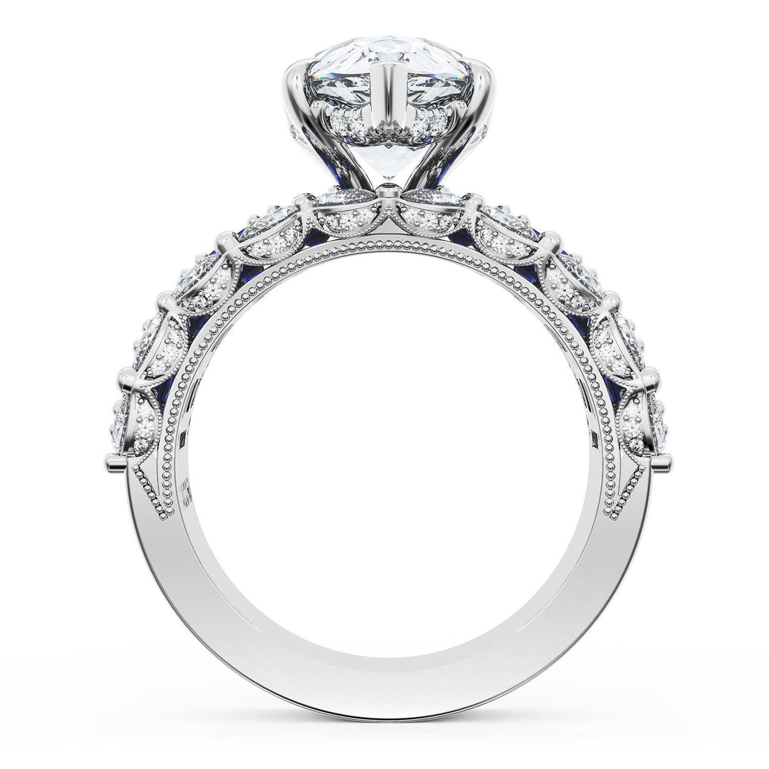 Pear Solitaire Engagement Ring w/ Emerald & Pear Band
