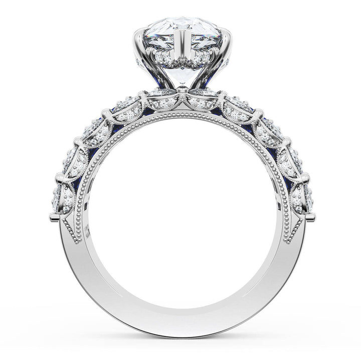 Pear Solitaire Engagement Ring w/ Emerald & Pear Band