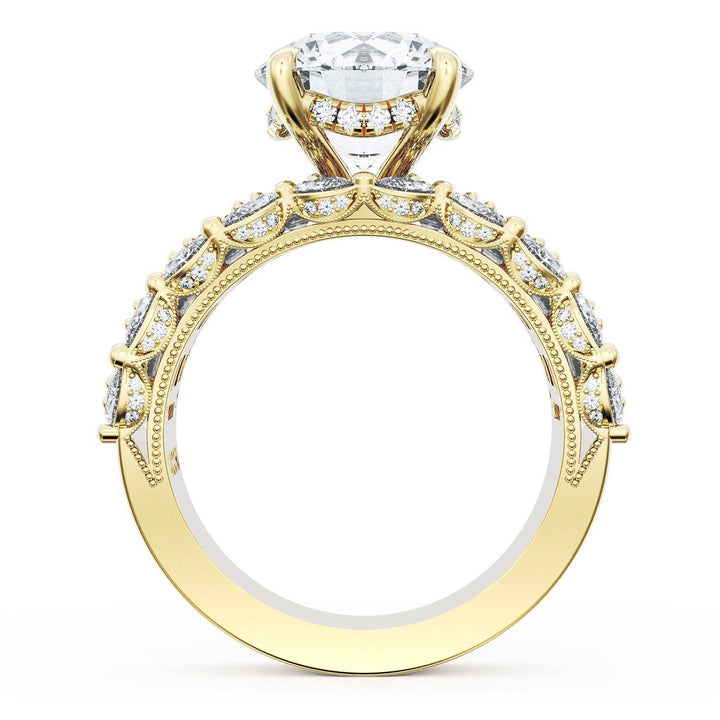Round Solitaire Engagement Ring w/ Emerald & Pear Band
