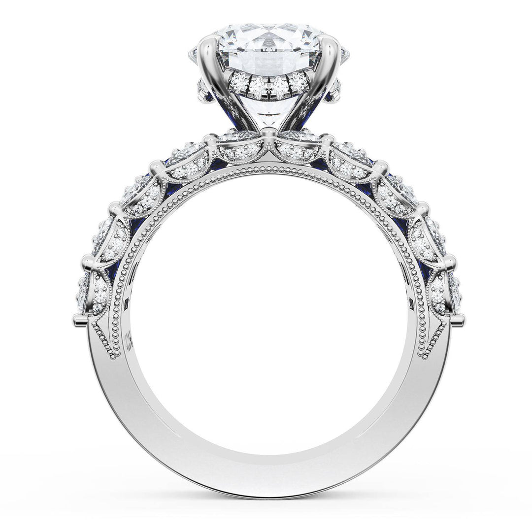 Round Solitaire Engagement Ring w/ Emerald & Pear Band