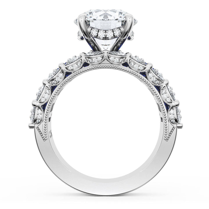 Round Solitaire Engagement Ring w/ Emerald & Pear Band