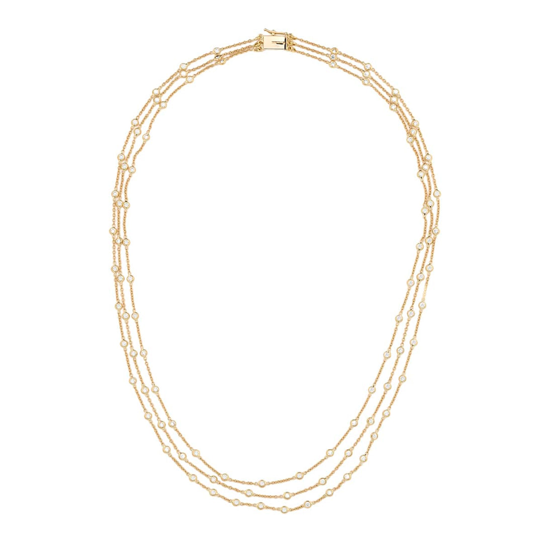 18K Yellow Gold Round Diamond Three-Row Bezel Necklace
