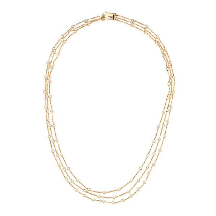 18K Yellow Gold Round Diamond Three-Row Bezel Necklace