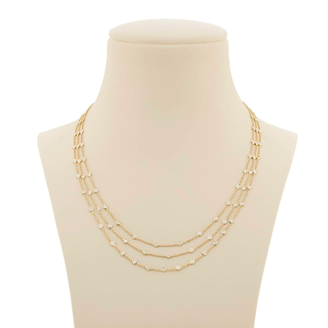 18K Yellow Gold Round Diamond Three-Row Bezel Necklace