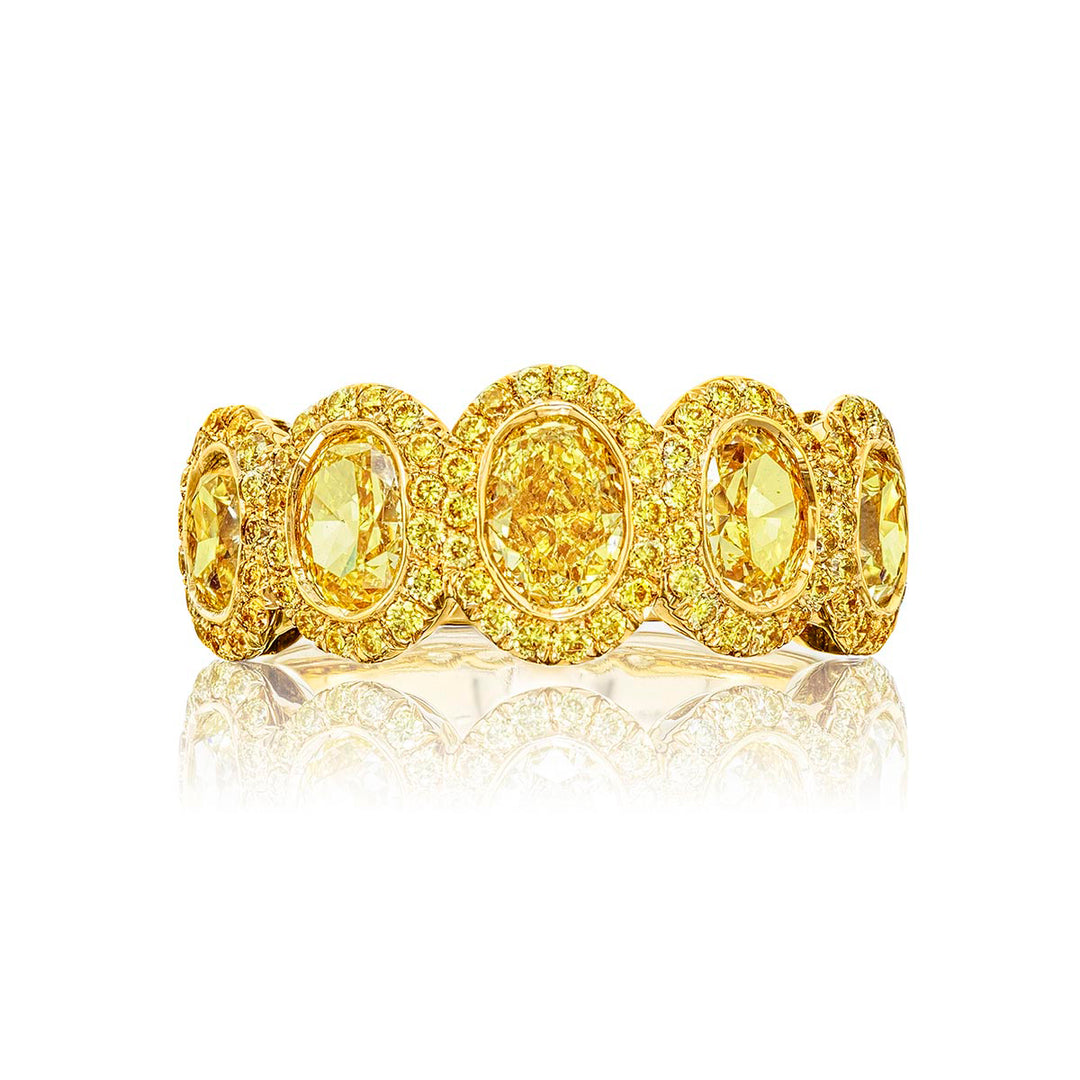 18K Yellow Gold Oval Fancy Yellow Diamond Single-Row Bezel Set Micro Pave Band