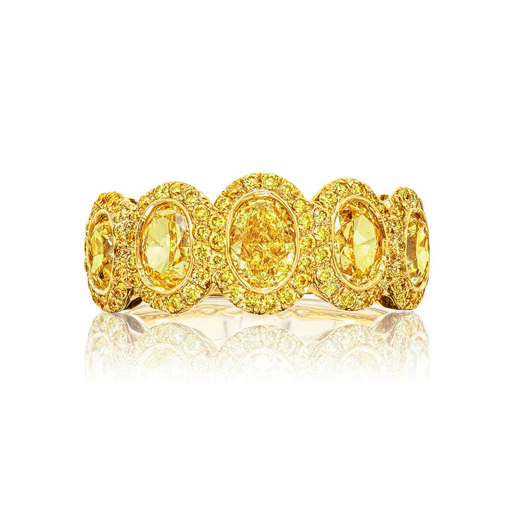 18K Yellow Gold Oval Fancy Yellow Diamond Single-Row Bezel Set Micro Pave Band