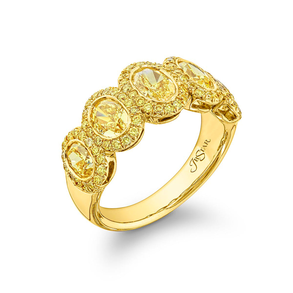 18K Yellow Gold Oval Fancy Yellow Diamond Single-Row Bezel Set Micro Pave Band