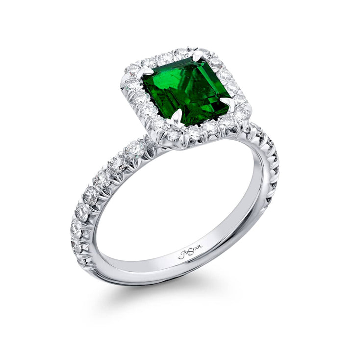 Platinum Emerald-Cut Emerald Micro Pave Ring