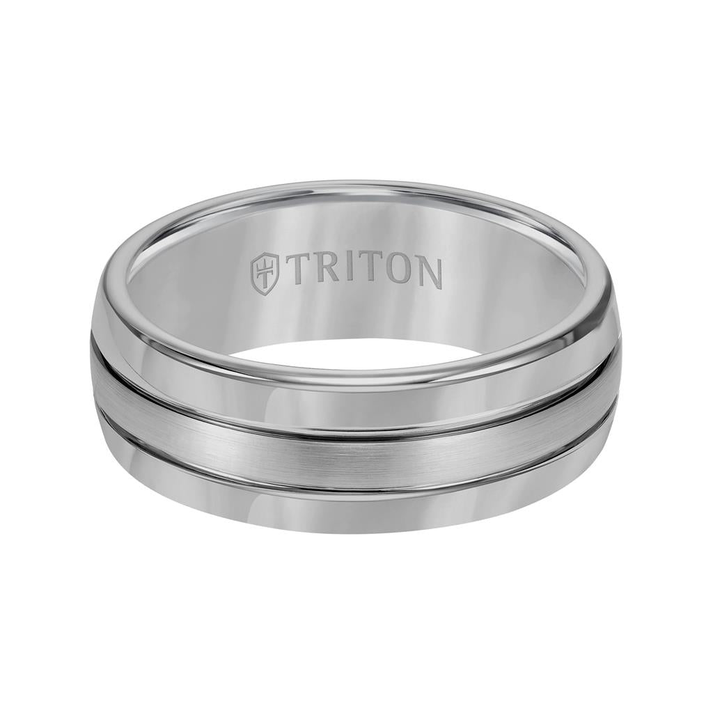 8mm Black Tungsten Carbide Domed Comfort Fit Band with Brush Finish Center and Bright Polished Edges