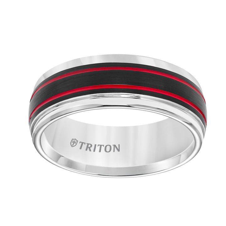Tungsten Carbide Comfort Fit Mens White Band with Black Matte Center with Fire Red Stripes and Bright Round Rims