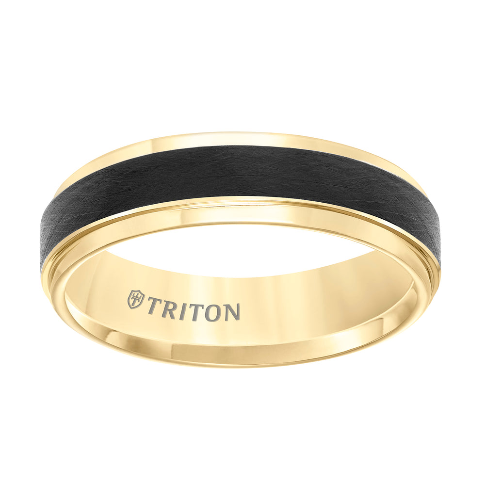Tungsten Carbide Comfort Fit Two Tone Mens Band with Black Crystalline Finish Center and Yellow Step Edge