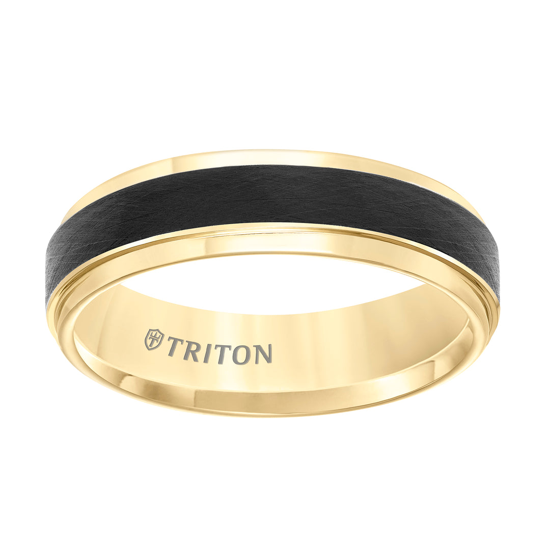 Tungsten Carbide Comfort Fit Two Tone Mens Band with Black Crystalline Finish Center and Yellow Step Edge