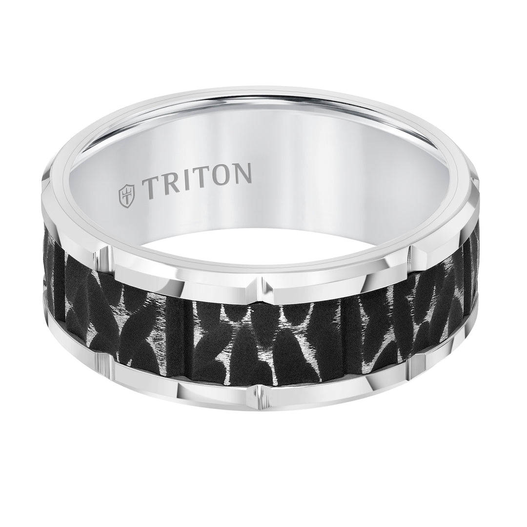 9MM Tungsten Carbide Comfort Fit Mens White Band with Black Sand Blasted Textured Center with Flat Profile and Bright Cut Rims