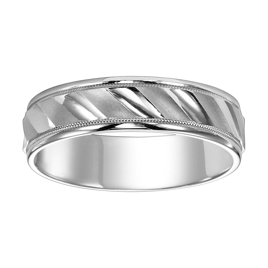 Mens wedding band with diagonal cuts, bright and  satin finish with milgrain accent and round edges with flat profile