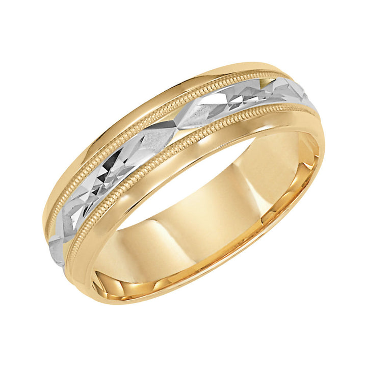 Mens wedding band with diamond cut engraved finish, milgrain accent with bevel edges low dome profile