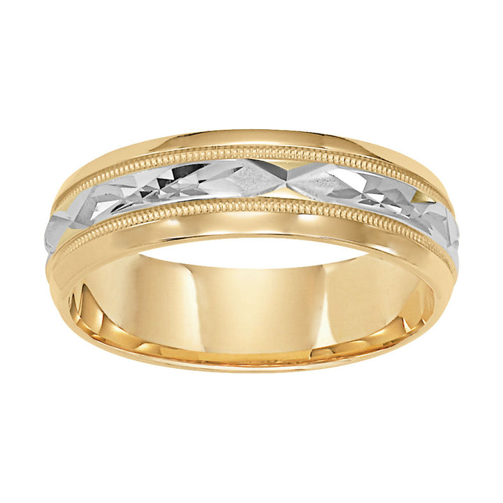 Mens wedding band with diamond cut engraved finish, milgrain accent with bevel edges low dome profile
