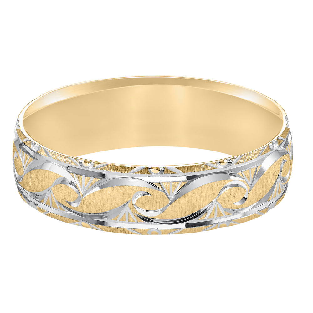 This exquisitely crafted, Comfort Fit wedding band features an ornate design, satin finish and beveled edge to complete the look