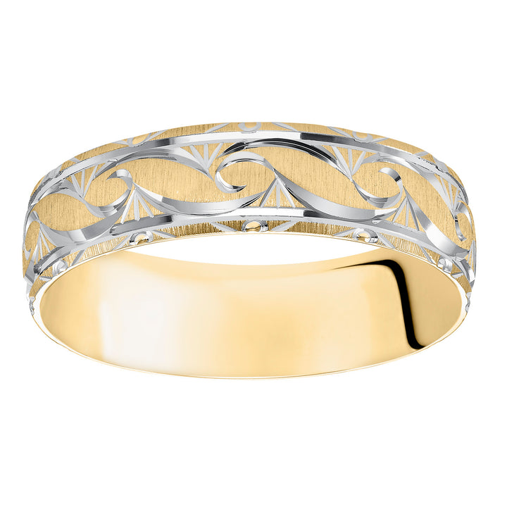 This exquisitely crafted, Comfort Fit wedding band features an ornate design, satin finish and beveled edge to complete the look