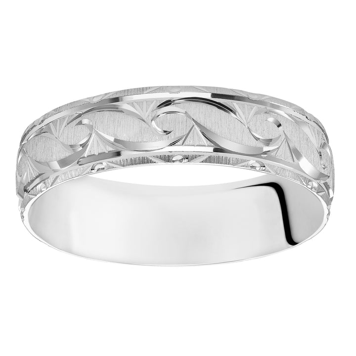 This exquisitely crafted, Comfort Fit wedding band features an ornate design, satin finish and beveled edge to complete the look