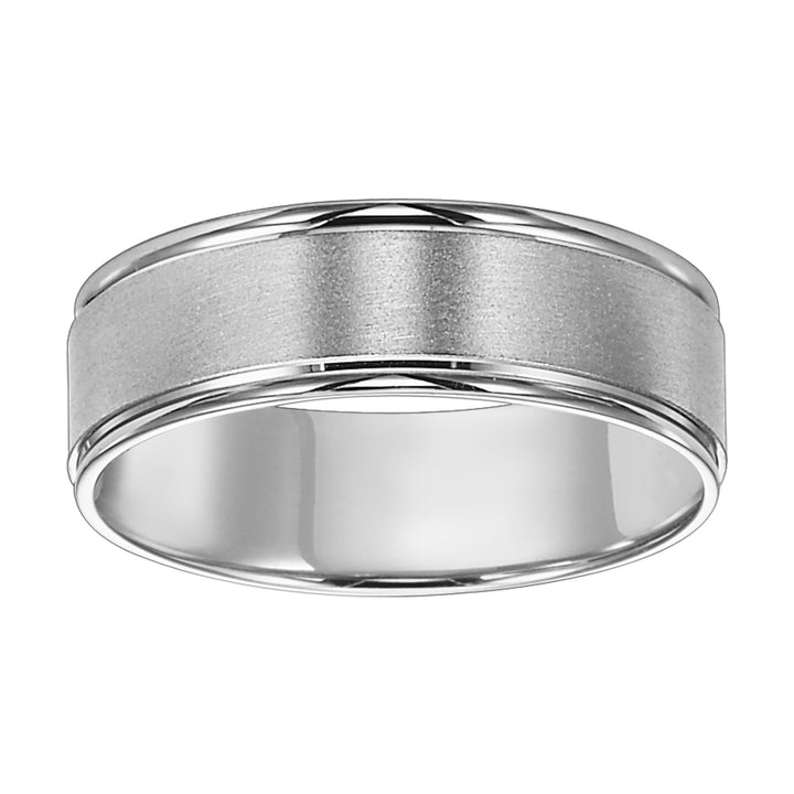 Stylish yet understated, this Comfort Fit wedding band features a brushed finish and round edges