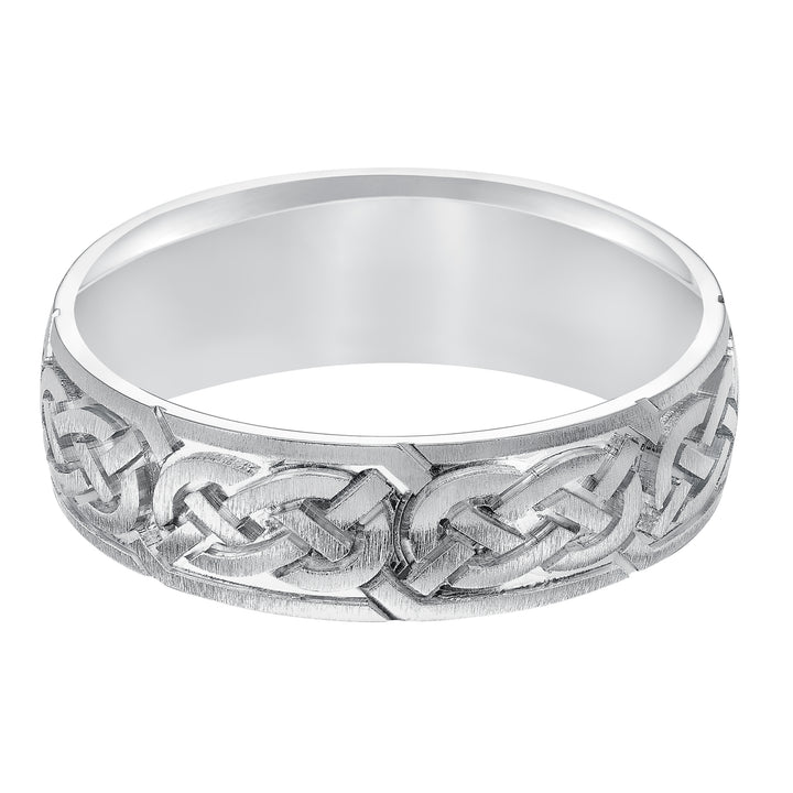This finely crafted, Comfort Fit wedding band features an exquisite Celtic knot design, satin finish and flat edges to complete the look