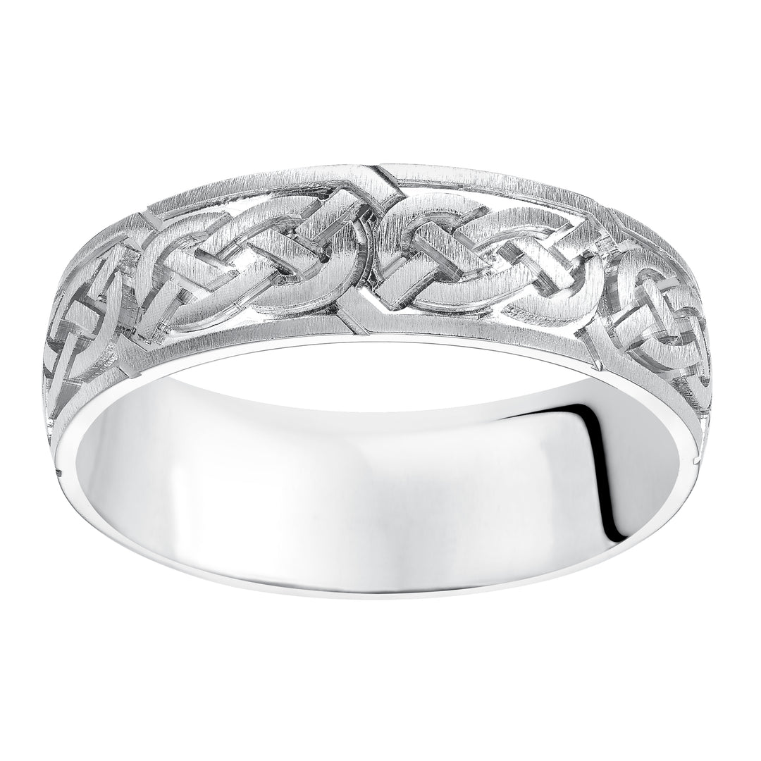 This finely crafted, Comfort Fit wedding band features an exquisite Celtic knot design, satin finish and flat edges to complete the look