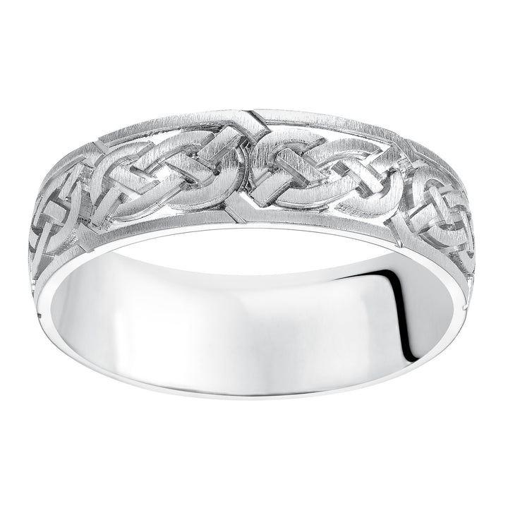 This finely crafted, Comfort Fit wedding band features an exquisite Celtic knot design, satin finish and flat edges to complete the look