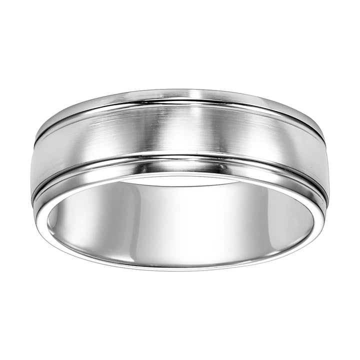 This low-domed style, Comfort Fit wedding band is enhanced with two bright, fine channel accents, a satin finish and round edges for a contemporary classic look