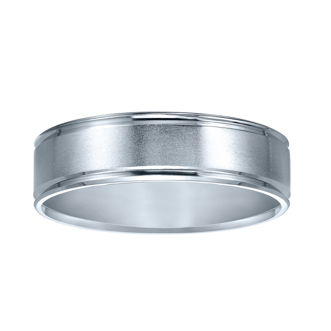 Comfort fit wedding band with brushed finish and beveled edges.