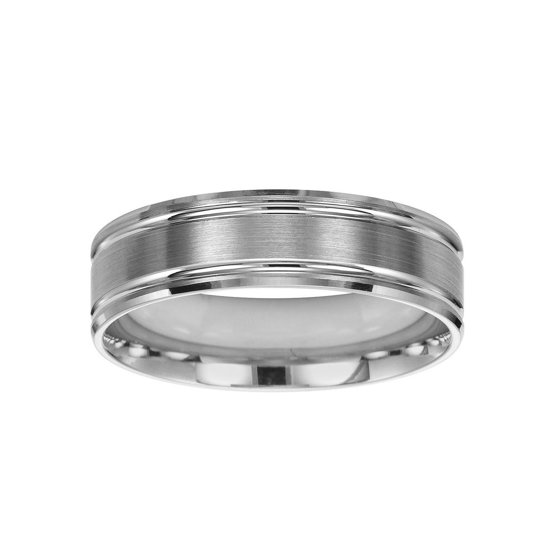 Featuring a , brushed finish  and a stepped edge, this Comfort Fit wedding band is simply luxurious