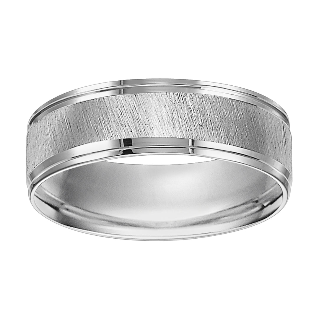 This Comfort Fit wedding band features a diagonal satin finish with stepped edge offering a refreshing look that will last a lifetime